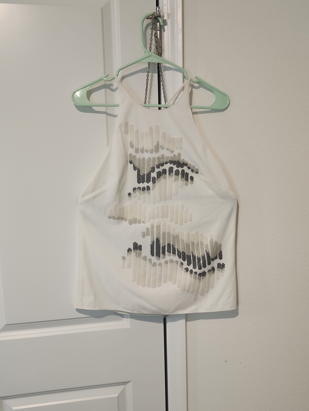 Halston Heritage White Halter Camisole with Abstract Metallic Embellishment